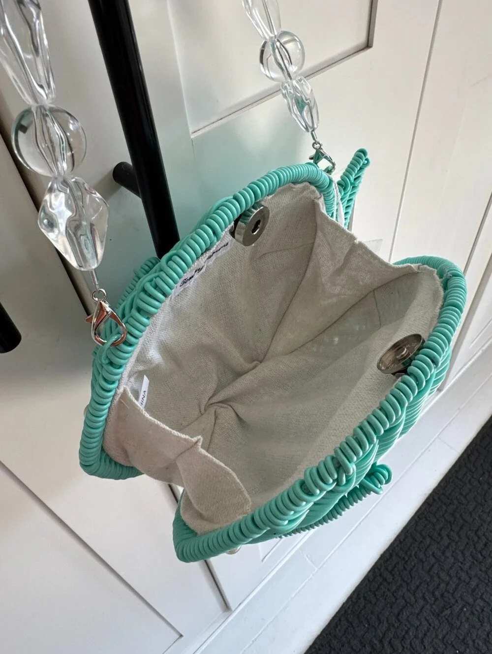 TOMMY BAHAMA Mint Green FISH Clutch Bag Natural Woven Clear Bead Strap NWT
